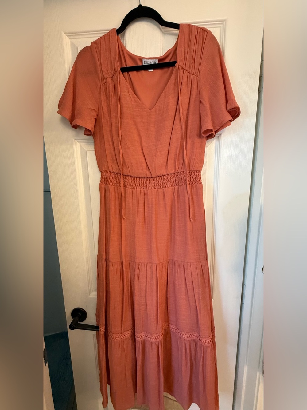 Tiered V-Neck Midi Dress in Terracotta